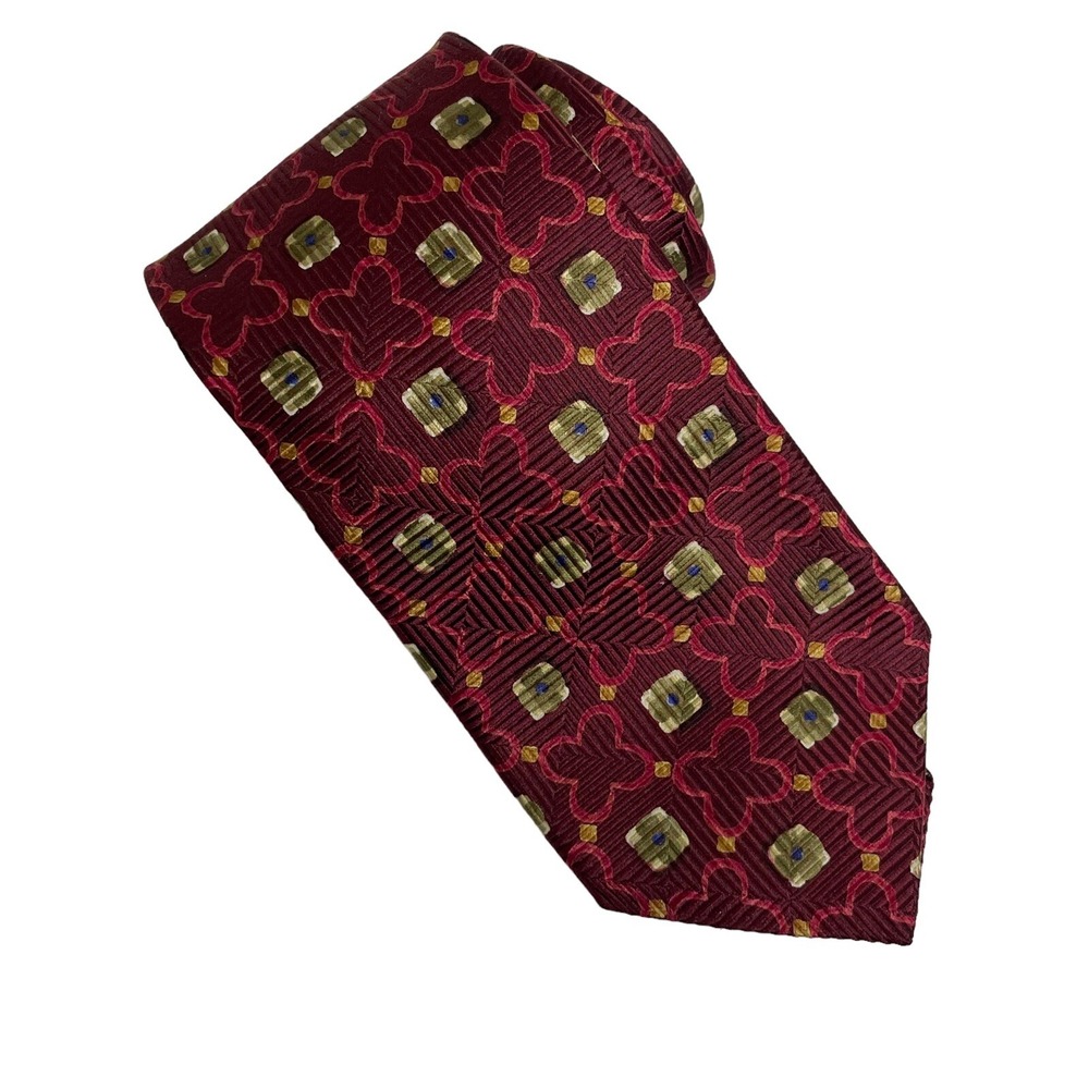 Ermenegildo Zegna Silk Tie Men OS Burgundy Red Geometric Quatrefoil Italian Luxe